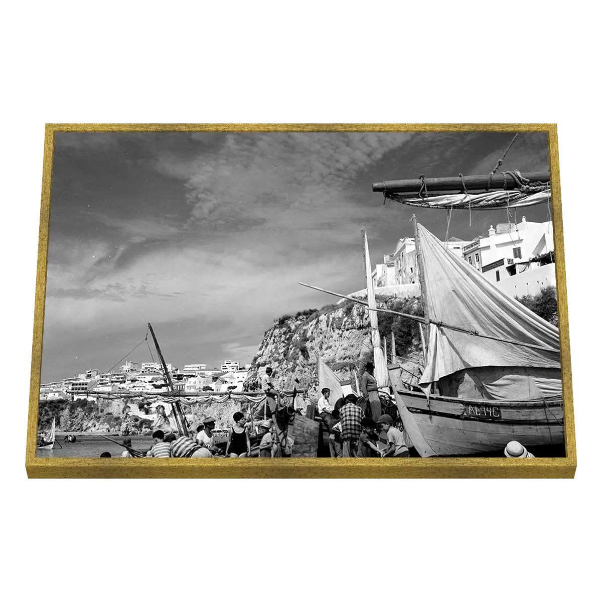 Quadro Decorativo Porto Mediterrâneo em Preto e Branco - BARCO-0001