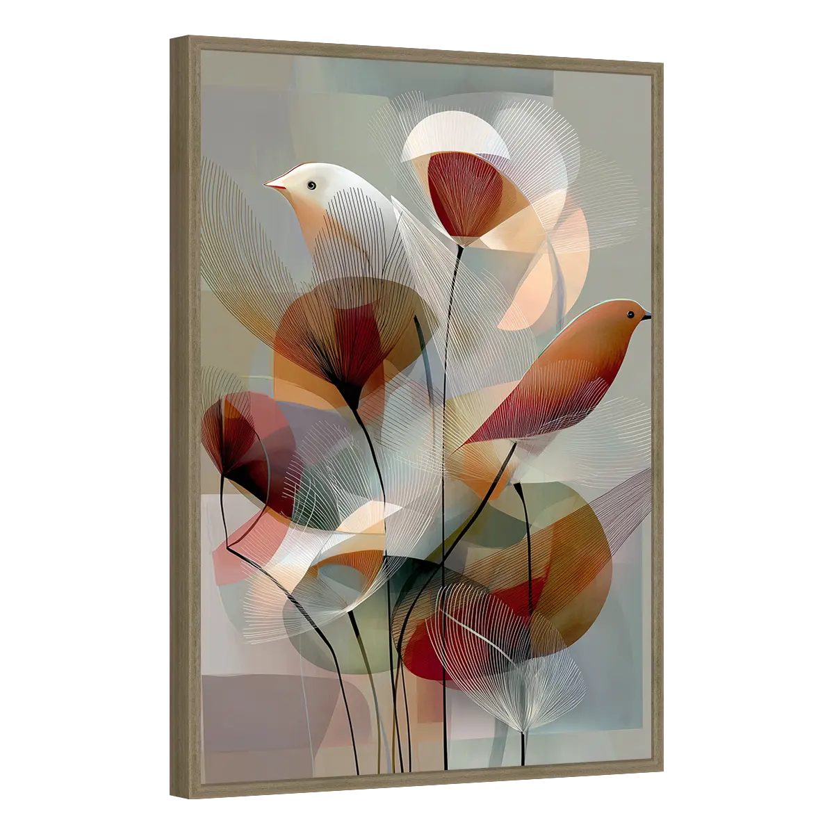 Quadro Decorativo Pássaros Poéticos com Flores Abstratas - ANI-0003