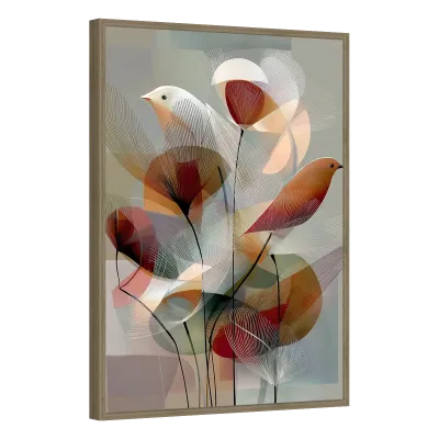 Quadro Decorativo Pássaros Poéticos com Flores Abstratas