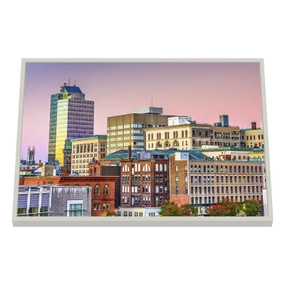 Quadro Decorativo Skyline Urbano ao Crepúsculo Rosado
